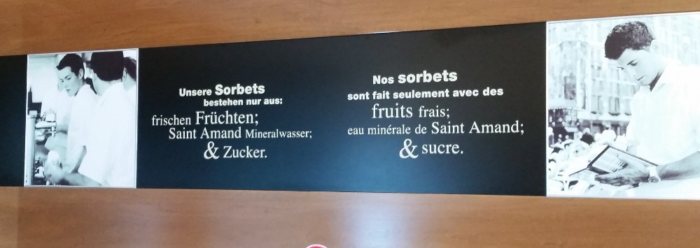 Sign at the entrance of the ice cream café Panciera's sorbets are exclusively mde with fresh fruit, St Amand mineral water and sugar